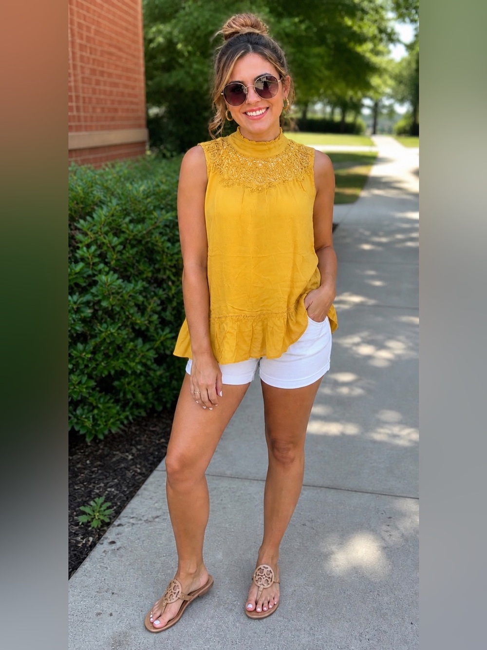 Sleeveless Mustard Lace Yoke Ruffle Hem Top